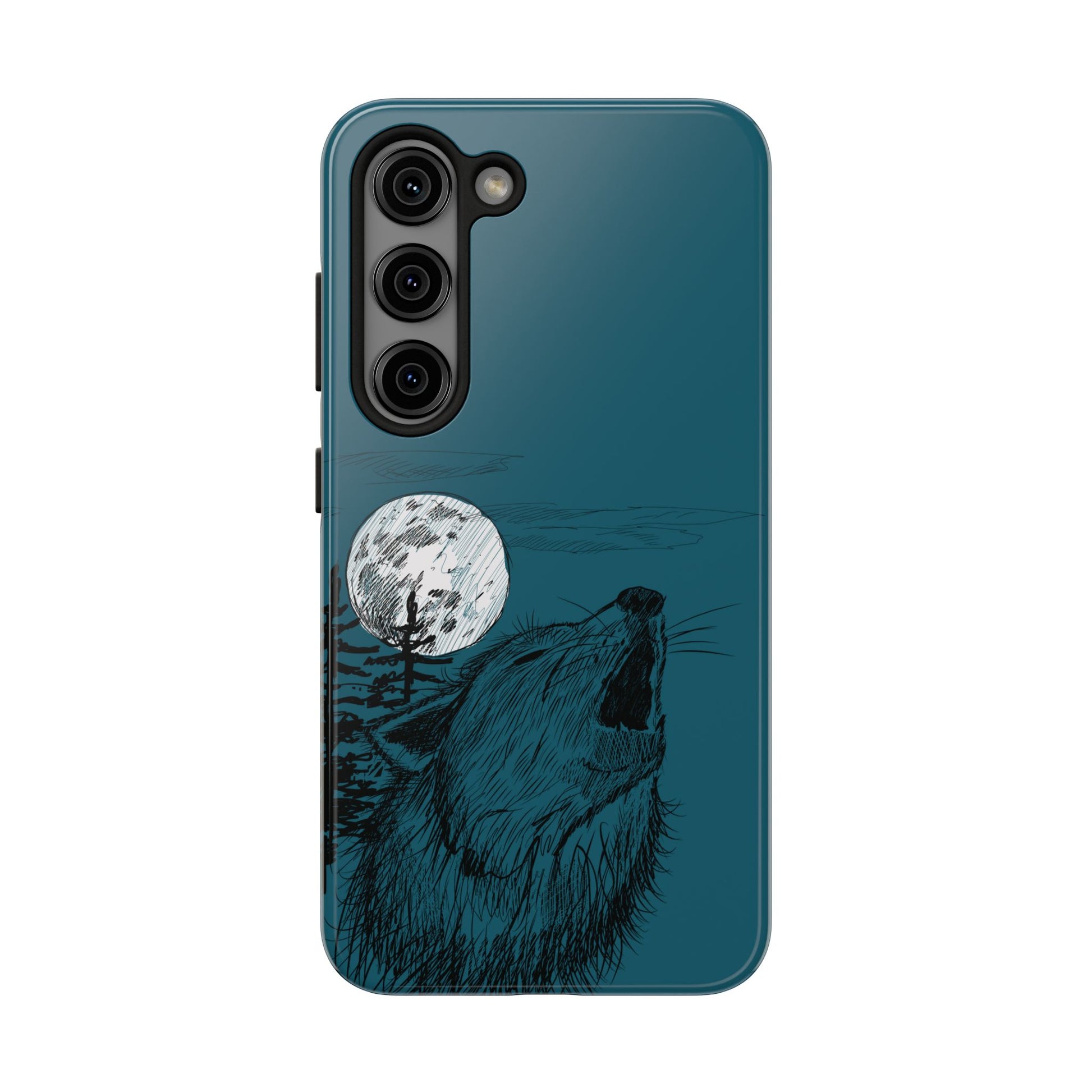 The Midnight Call Phone Case featuring illustrated wolf howling at the moon by Kempain-Samsung Galaxy S23.