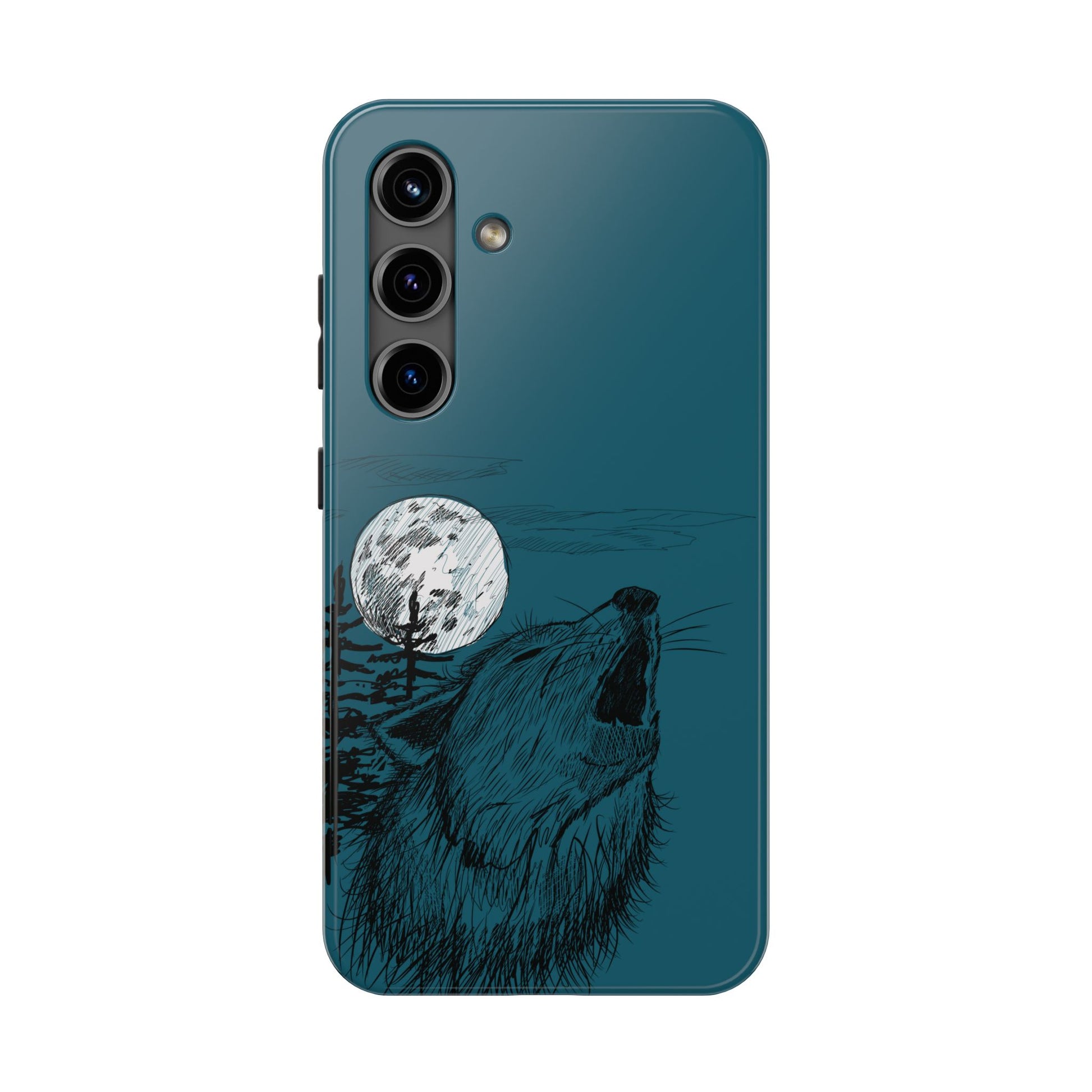 The Midnight Call Phone Case featuring illustrated wolf howling at the moon by Kempain-Samsung Galaxy S24.
