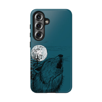 The Midnight Call Phone Case featuring illustrated wolf howling at the moon by Kempain-Samsung Galaxy S25.