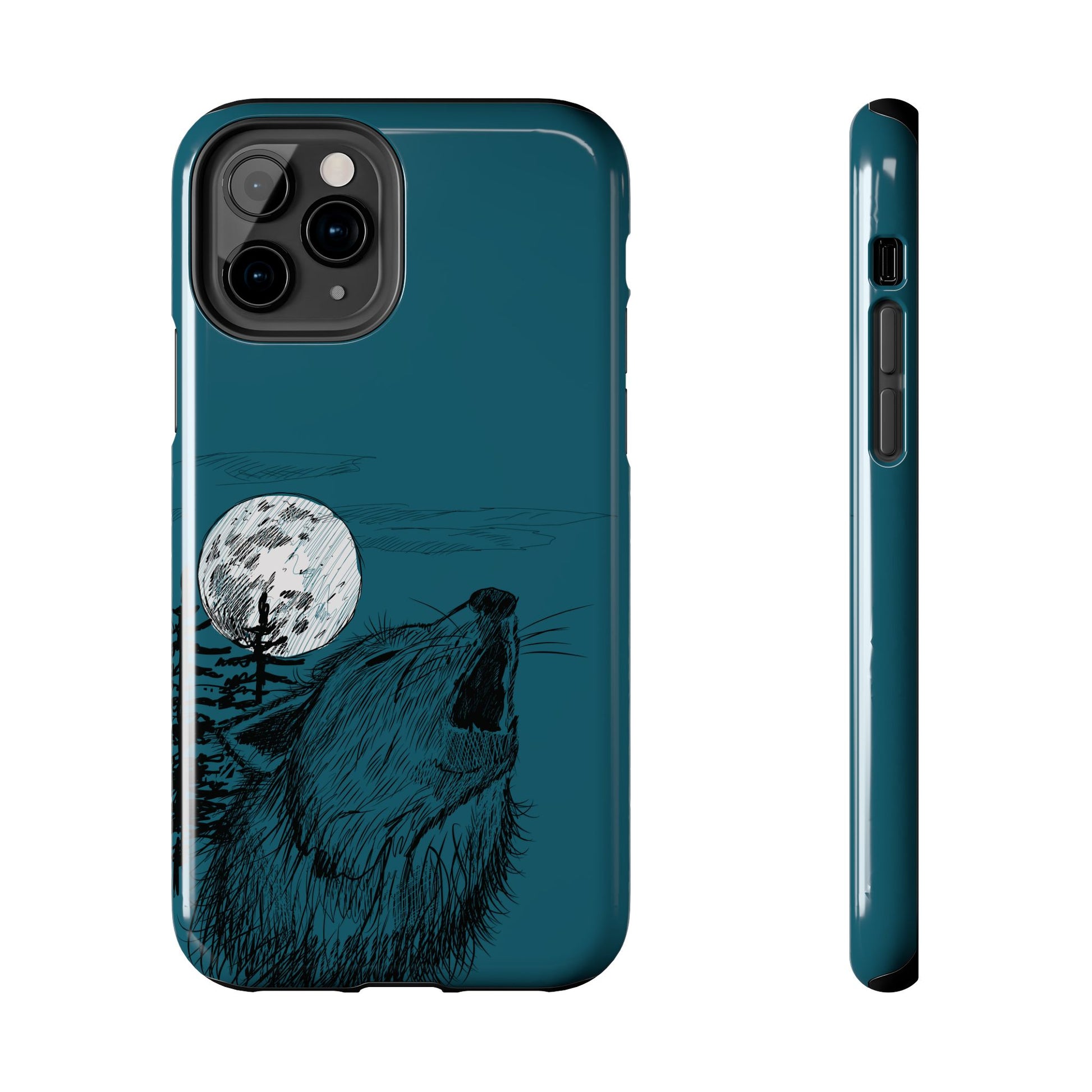 The Midnight Call Phone Case featuring illustrated wolf howling at the moon by Kempain-iPhone 11 Pro.