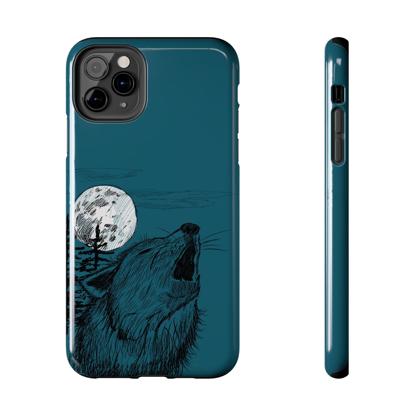 The Midnight Call Phone Case featuring illustrated wolf howling at the moon by Kempain-iPhone 11 Pro Max.