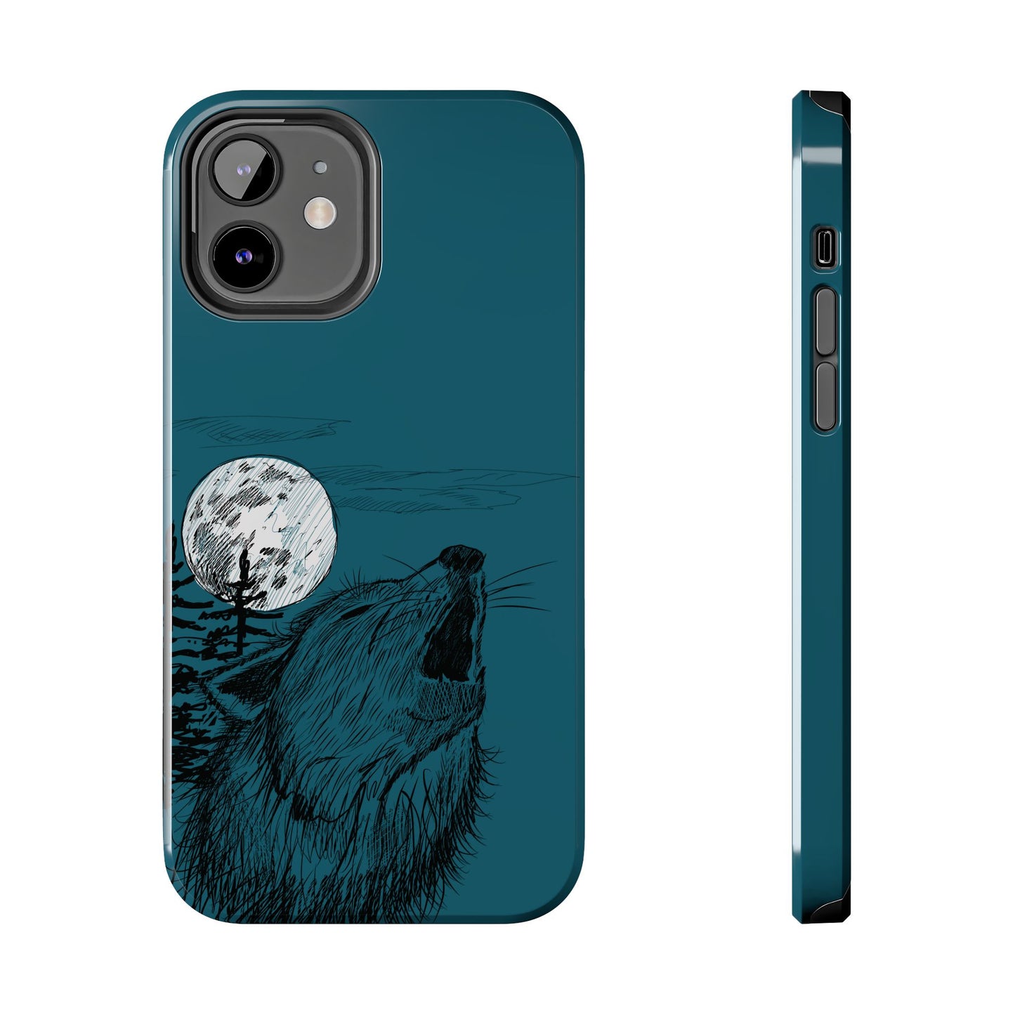 The Midnight Call Phone Case featuring illustrated wolf howling at the moon by Kempain-iPhone 12.