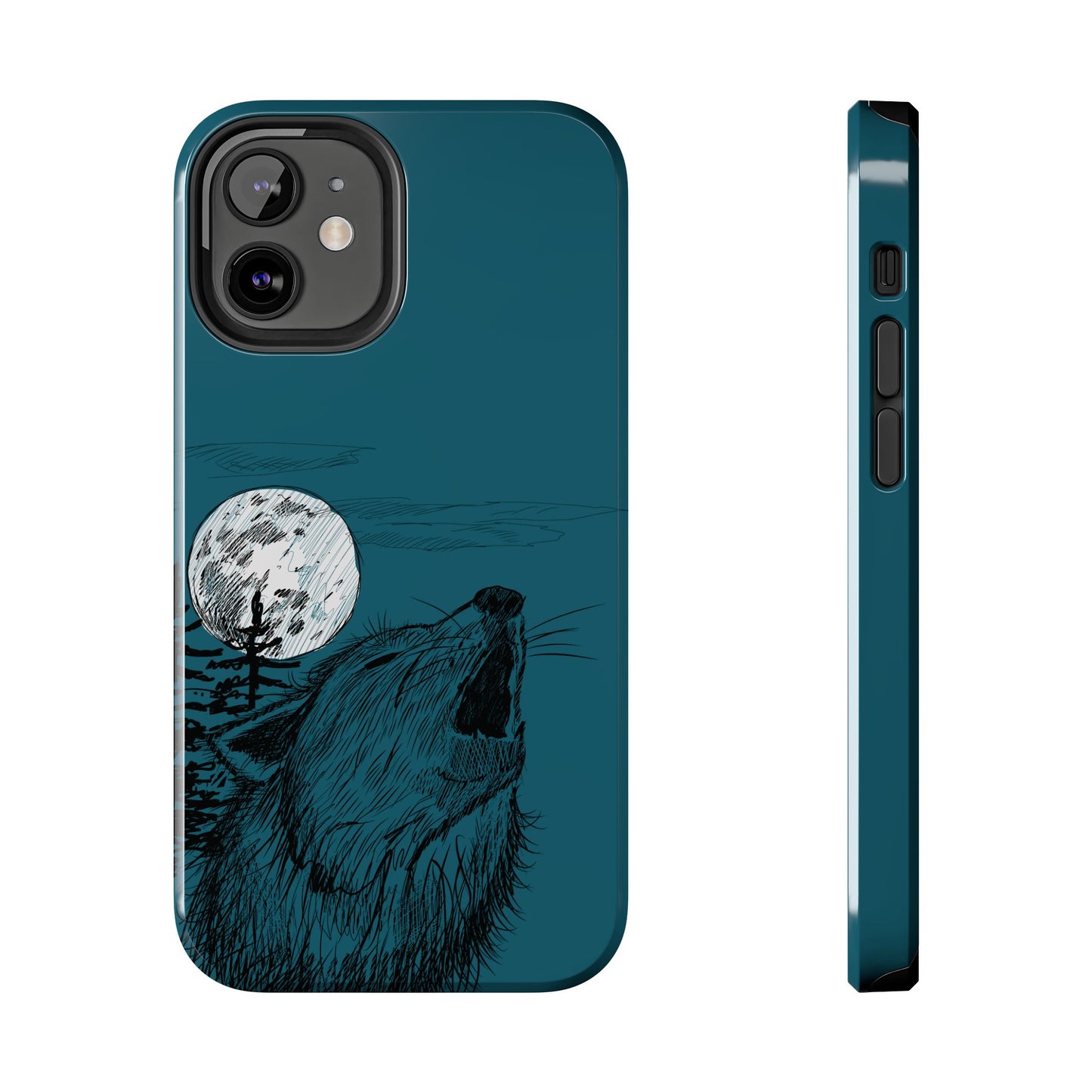 The Midnight Call Phone Case featuring illustrated wolf howling at the moon by Kempain-iPhone 12 Mini.