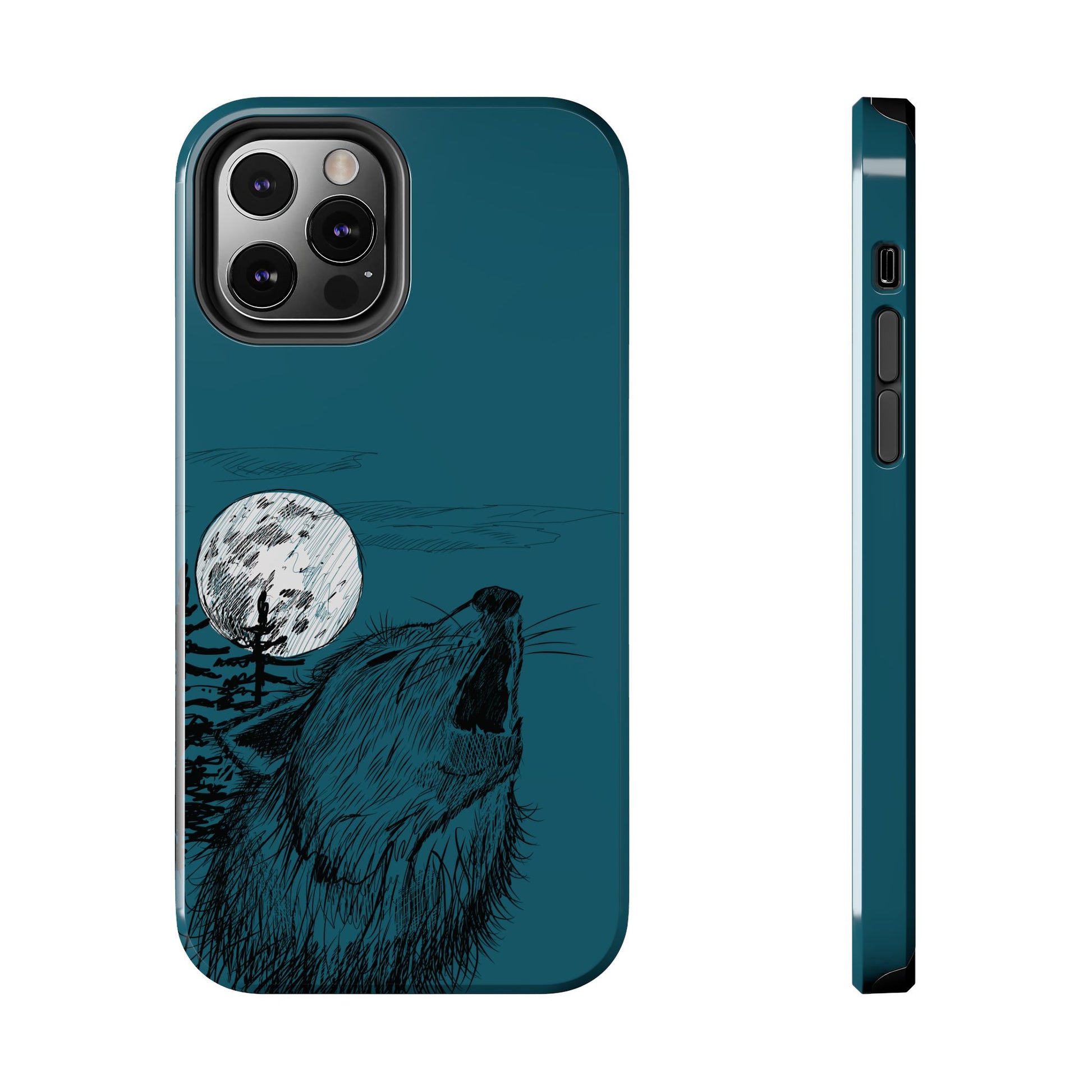 The Midnight Call Phone Case featuring illustrated wolf howling at the moon by Kempain-iPhone 12 Pro.