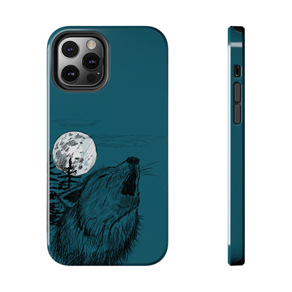 The Midnight Call Phone Case featuring illustrated wolf howling at the moon by Kempain-iPhone 12 Pro.
