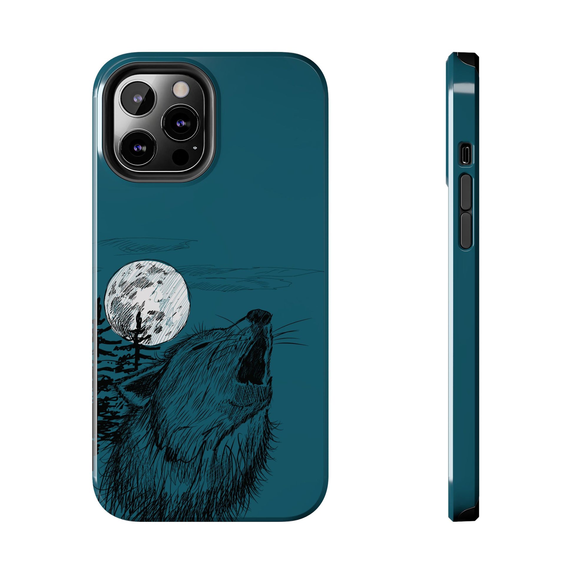 The Midnight Call Phone Case featuring illustrated wolf howling at the moon by Kempain-iPhone 12 Pro Max.