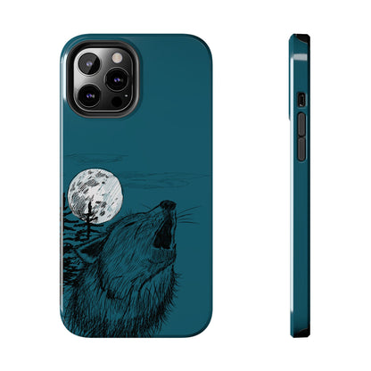 The Midnight Call Phone Case featuring illustrated wolf howling at the moon by Kempain-iPhone 12 Pro Max.