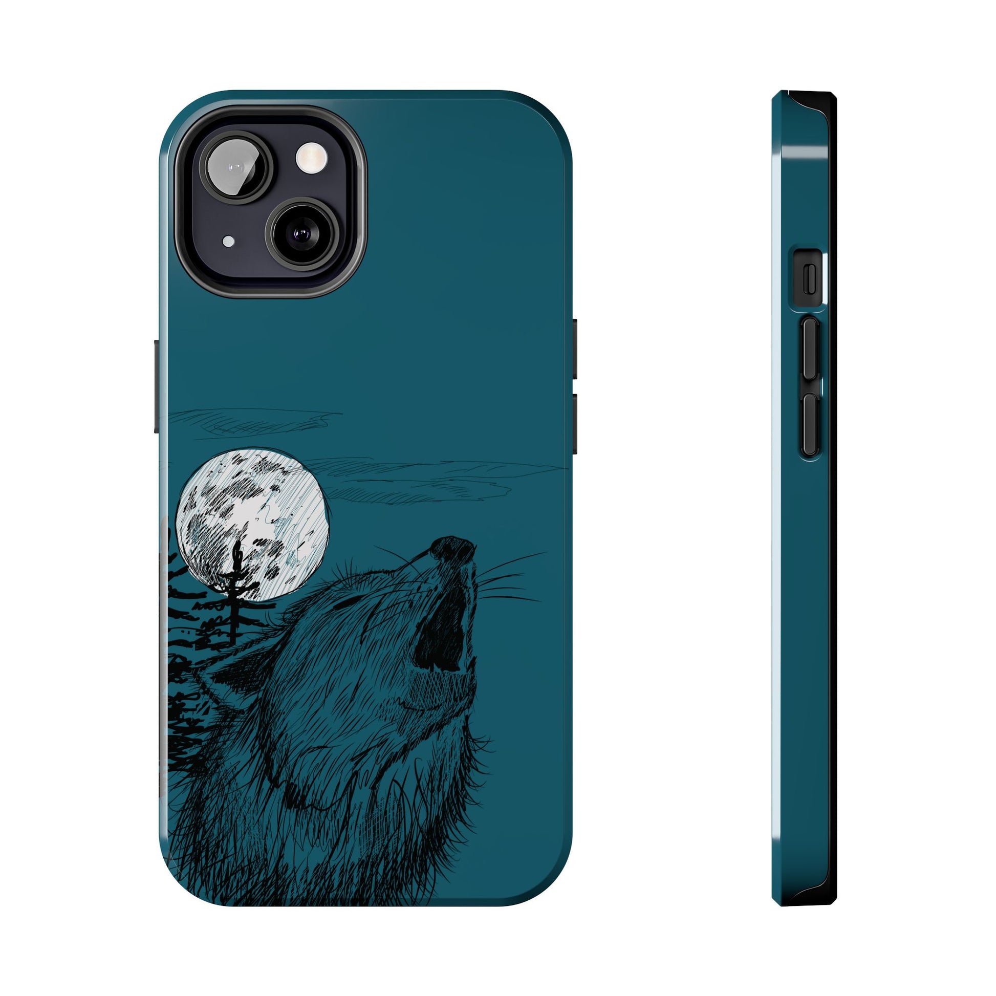 The Midnight Call Phone Case featuring illustrated wolf howling at the moon by Kempain-iPhone 13.
