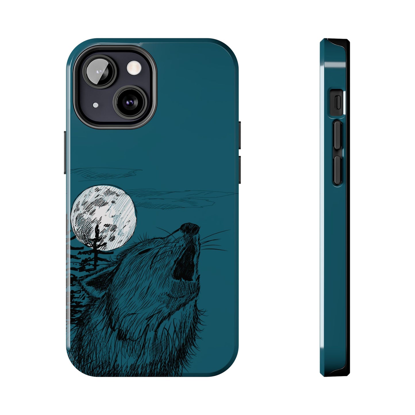 The Midnight Call Phone Case featuring illustrated wolf howling at the moon by Kempain-iPhone 13 Mini.