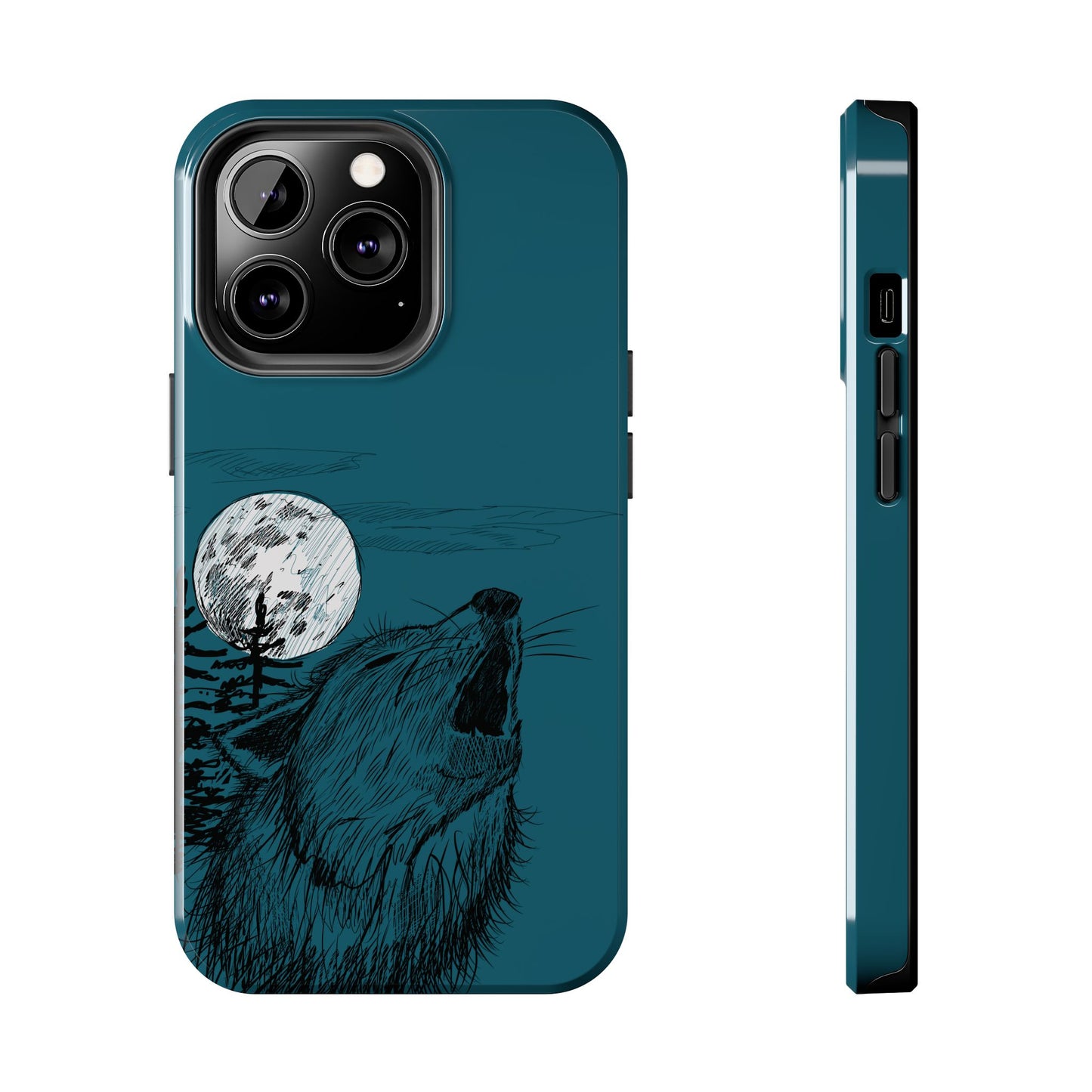 The Midnight Call Phone Case featuring illustrated wolf howling at the moon by Kempain-iPhone 13 Pro.