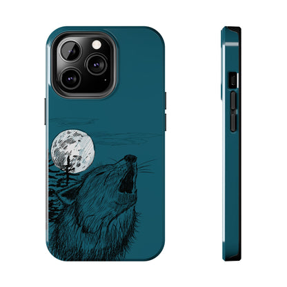 The Midnight Call Phone Case featuring illustrated wolf howling at the moon by Kempain-iPhone 13 Pro.