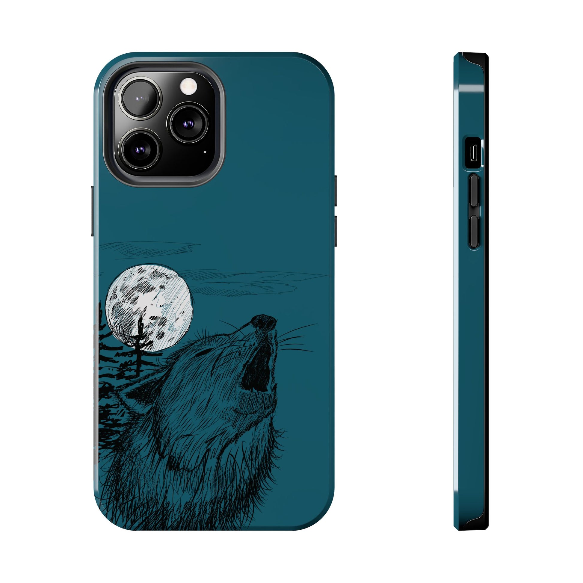 The Midnight Call Phone Case featuring illustrated wolf howling at the moon by Kempain-iPhone 13 Pro Max.