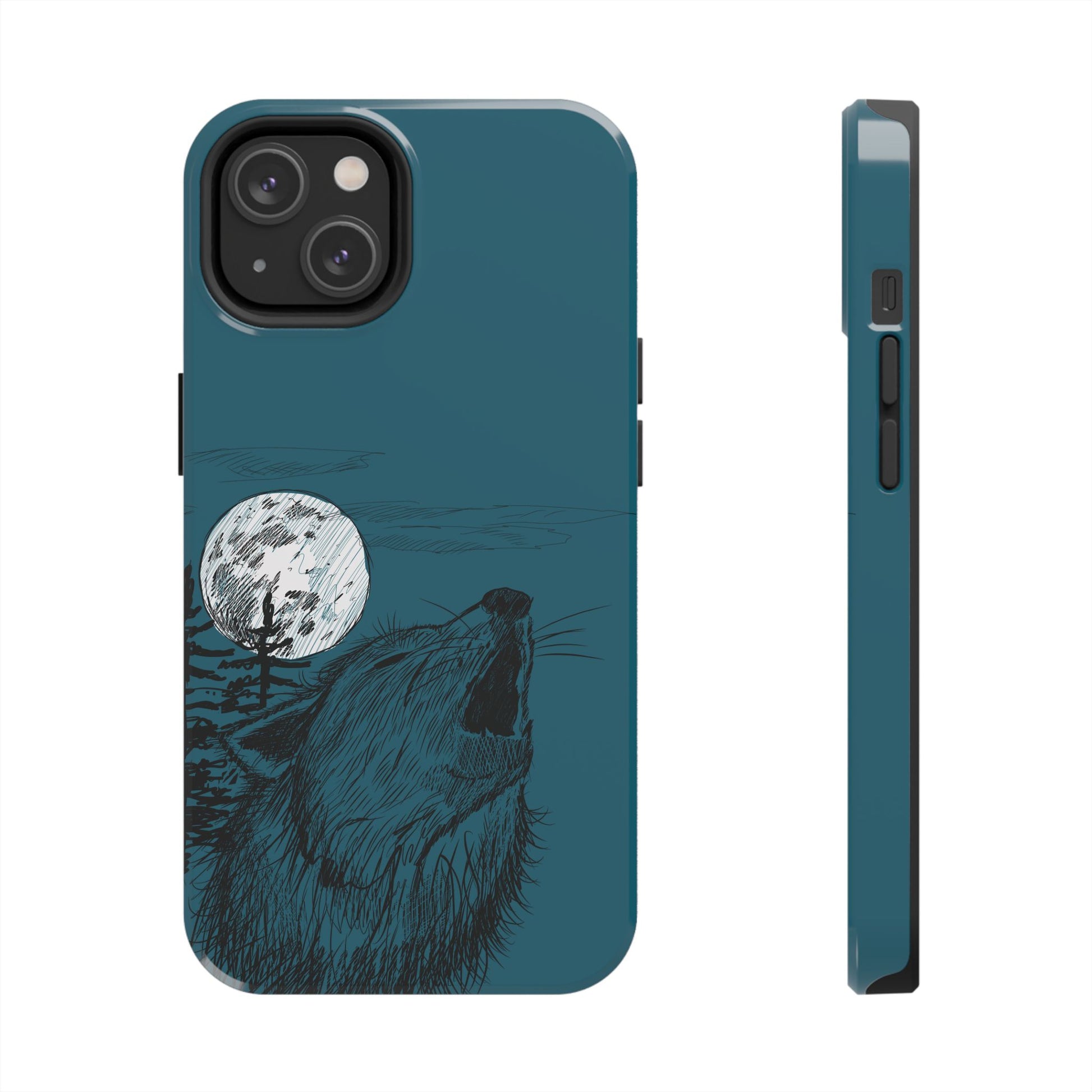 The Midnight Call Phone Case featuring illustrated wolf howling at the moon by Kempain-iPhone 14.