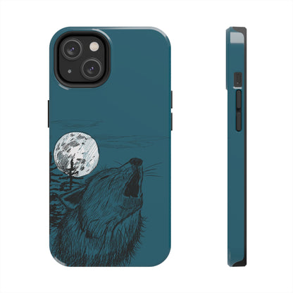 The Midnight Call Phone Case featuring illustrated wolf howling at the moon by Kempain-iPhone 14.