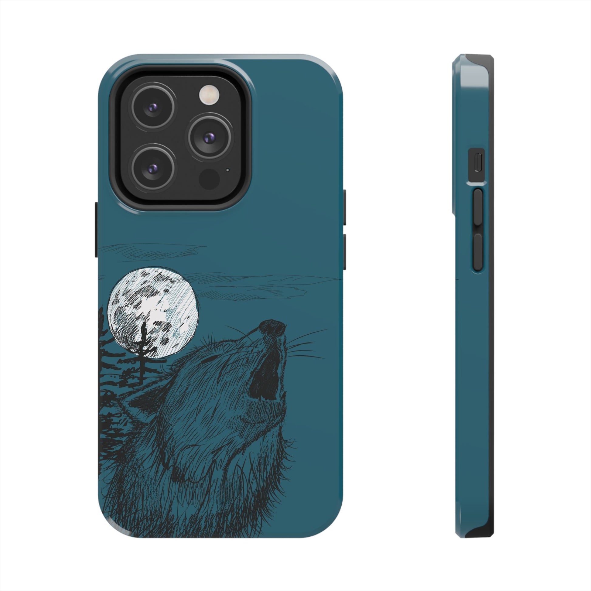 The Midnight Call Phone Case featuring illustrated wolf howling at the moon by Kempain-iPhone 14 Pro.