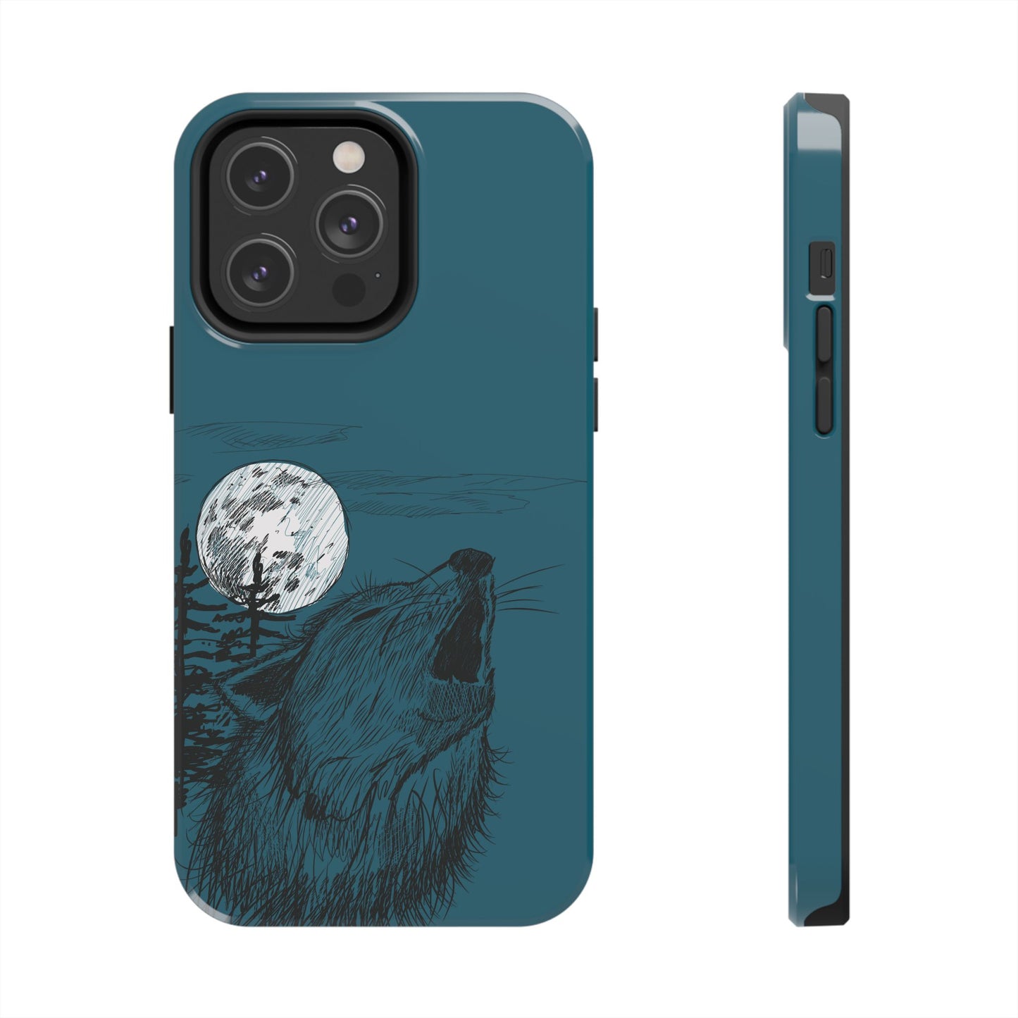 The Midnight Call Phone Case featuring illustrated wolf howling at the moon by Kempain-iPhone 14 Pro Max.