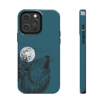 The Midnight Call Phone Case featuring illustrated wolf howling at the moon by Kempain-iPhone 14 Pro Max.
