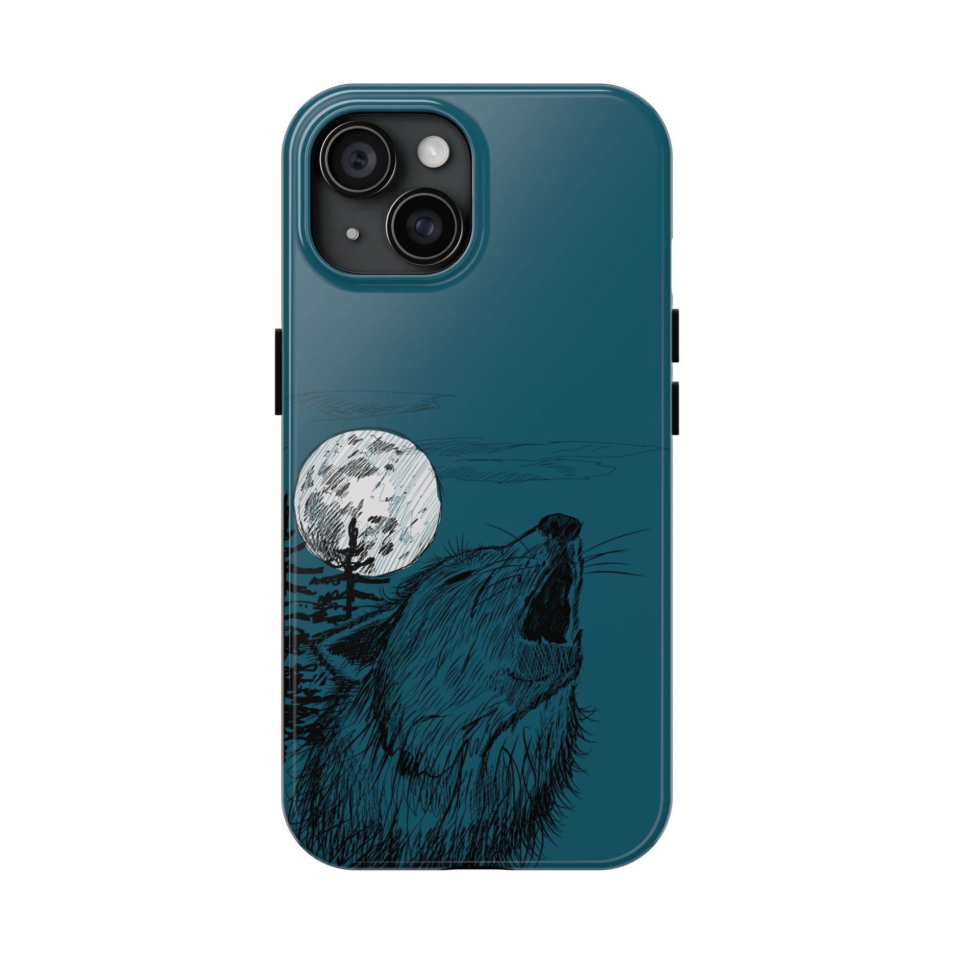 The Midnight Call Phone Case featuring illustrated wolf howling at the moon by Kempain-iPhone 15.