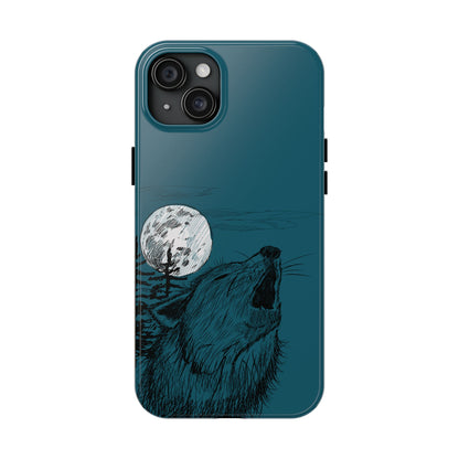 The Midnight Call Phone Case featuring illustrated wolf howling at the moon by Kempain-iPhone 15 Plus.