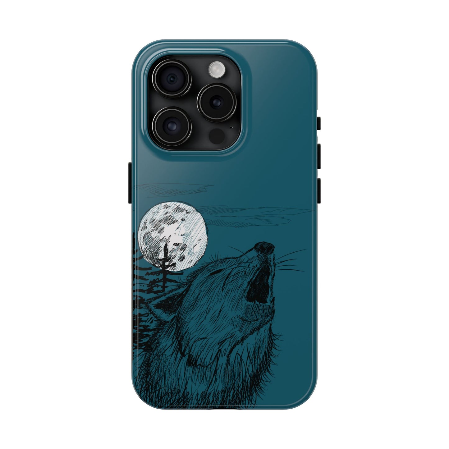 The Midnight Call Phone Case featuring illustrated wolf howling at the moon by Kempain-iPhone 15 Pro.