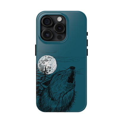 The Midnight Call Phone Case featuring illustrated wolf howling at the moon by Kempain-iPhone 15 Pro.
