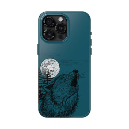 The Midnight Call Phone Case featuring illustrated wolf howling at the moon by Kempain-iPhone 15 Pro Max.