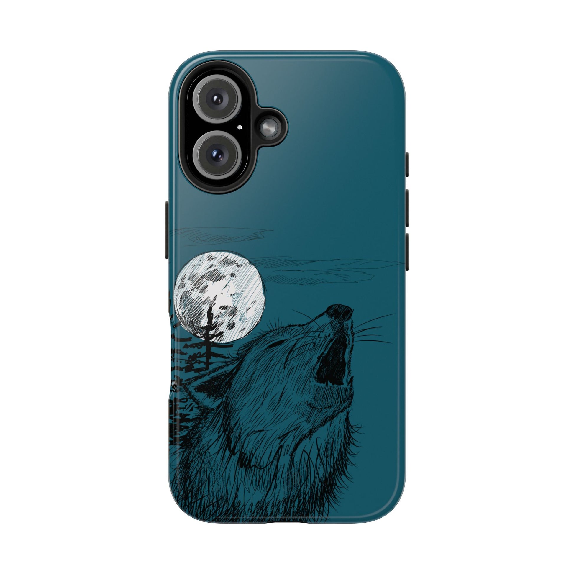 The Midnight Call Phone Case featuring illustrated wolf howling at the moon by Kempain-iPhone 16.