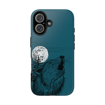The Midnight Call Phone Case featuring illustrated wolf howling at the moon by Kempain-iPhone 16.