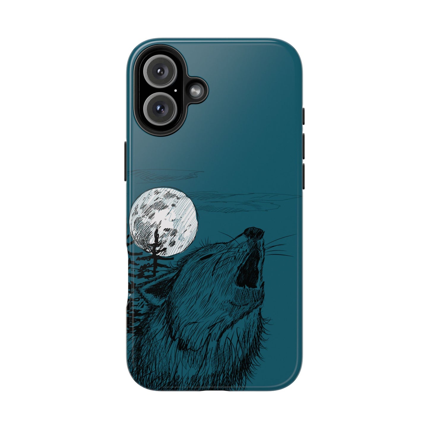 The Midnight Call Phone Case featuring illustrated wolf howling at the moon by Kempain-iPhone 16 Plus.