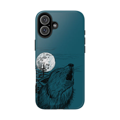 The Midnight Call Phone Case featuring illustrated wolf howling at the moon by Kempain-iPhone 16 Plus.