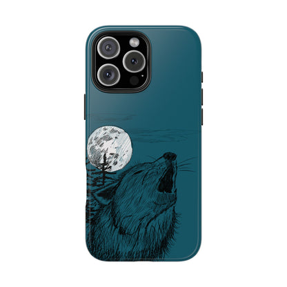 The Midnight Call Phone Case featuring illustrated wolf howling at the moon by Kempain-iPhone 16 Pro Max.