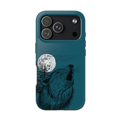 The Midnight Call Phone Case featuring illustrated wolf howling at the moon by Kempain-iPhone 17 Pro.