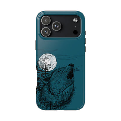 The Midnight Call Phone Case featuring illustrated wolf howling at the moon by Kempain-iPhone 17 Pro Max.