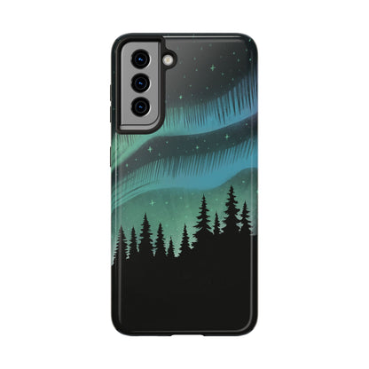 Aurora Borealis phone case with hand-drawn Northern Lights and pine tree illustration by Jordan Kempain for Samsung Galaxy S21.