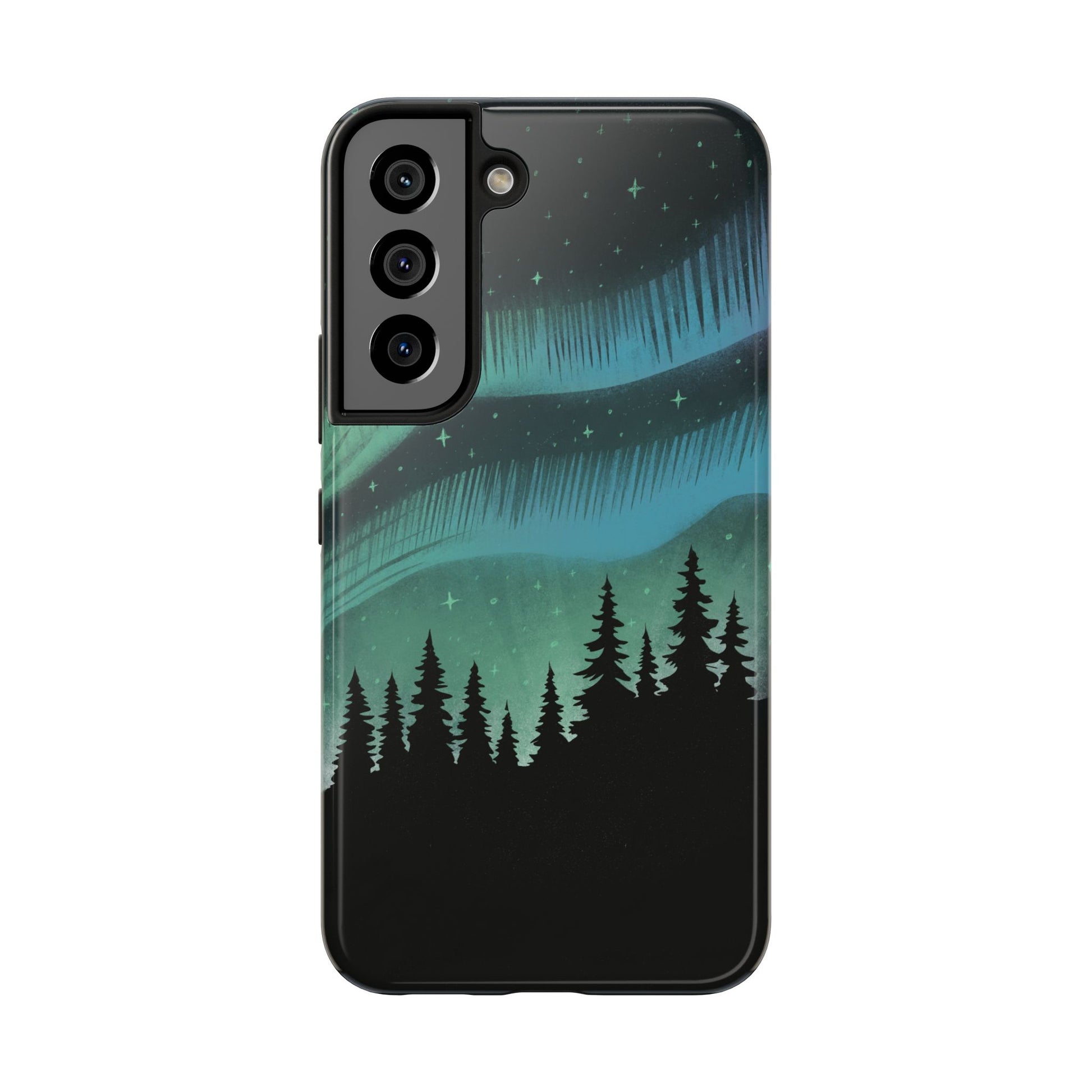Aurora Borealis phone case with hand-drawn Northern Lights and pine tree illustration by Jordan Kempain for Samsung Galaxy S22.