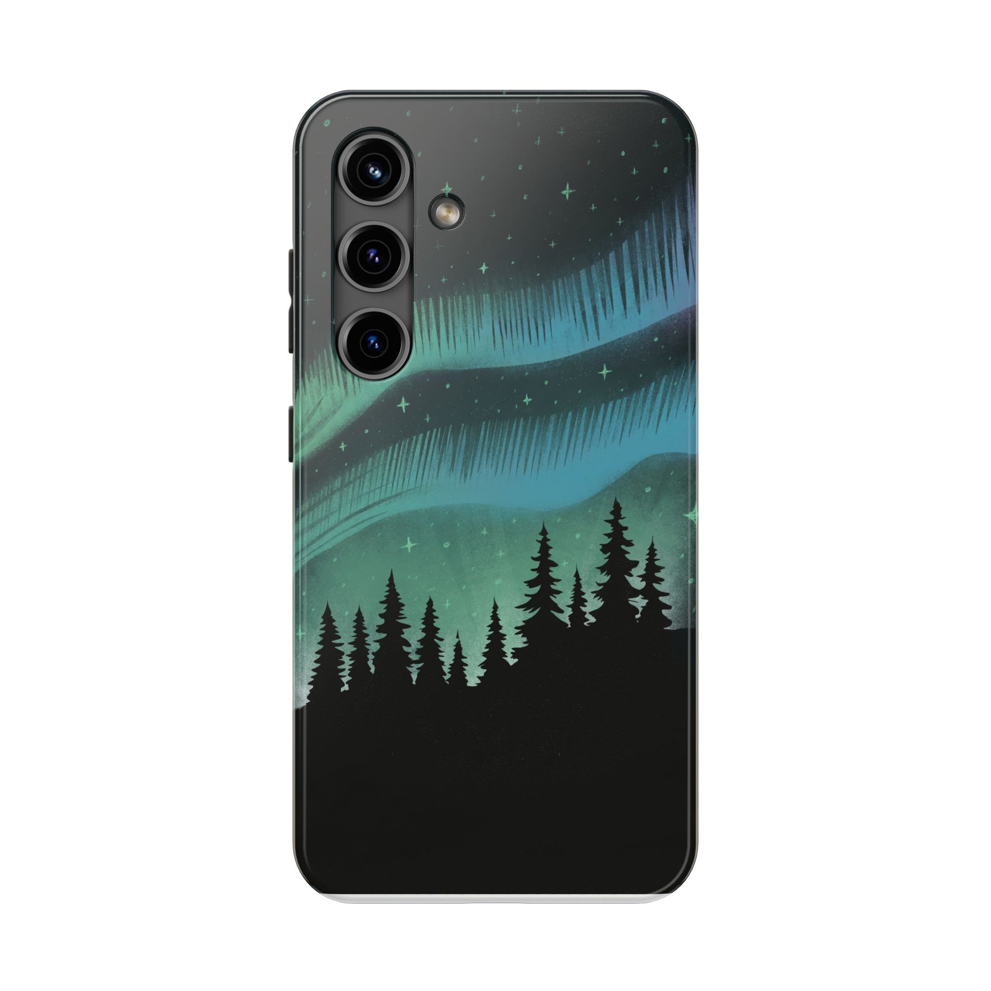 Aurora Borealis phone case with hand-drawn Northern Lights and pine tree illustration by Jordan Kempain for Samsung Galaxy S24.