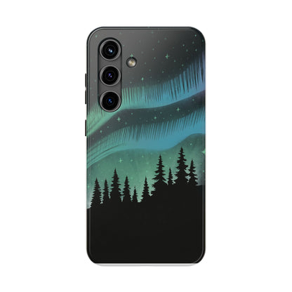 Aurora Borealis phone case with hand-drawn Northern Lights and pine tree illustration by Jordan Kempain for Samsung Galaxy S24.