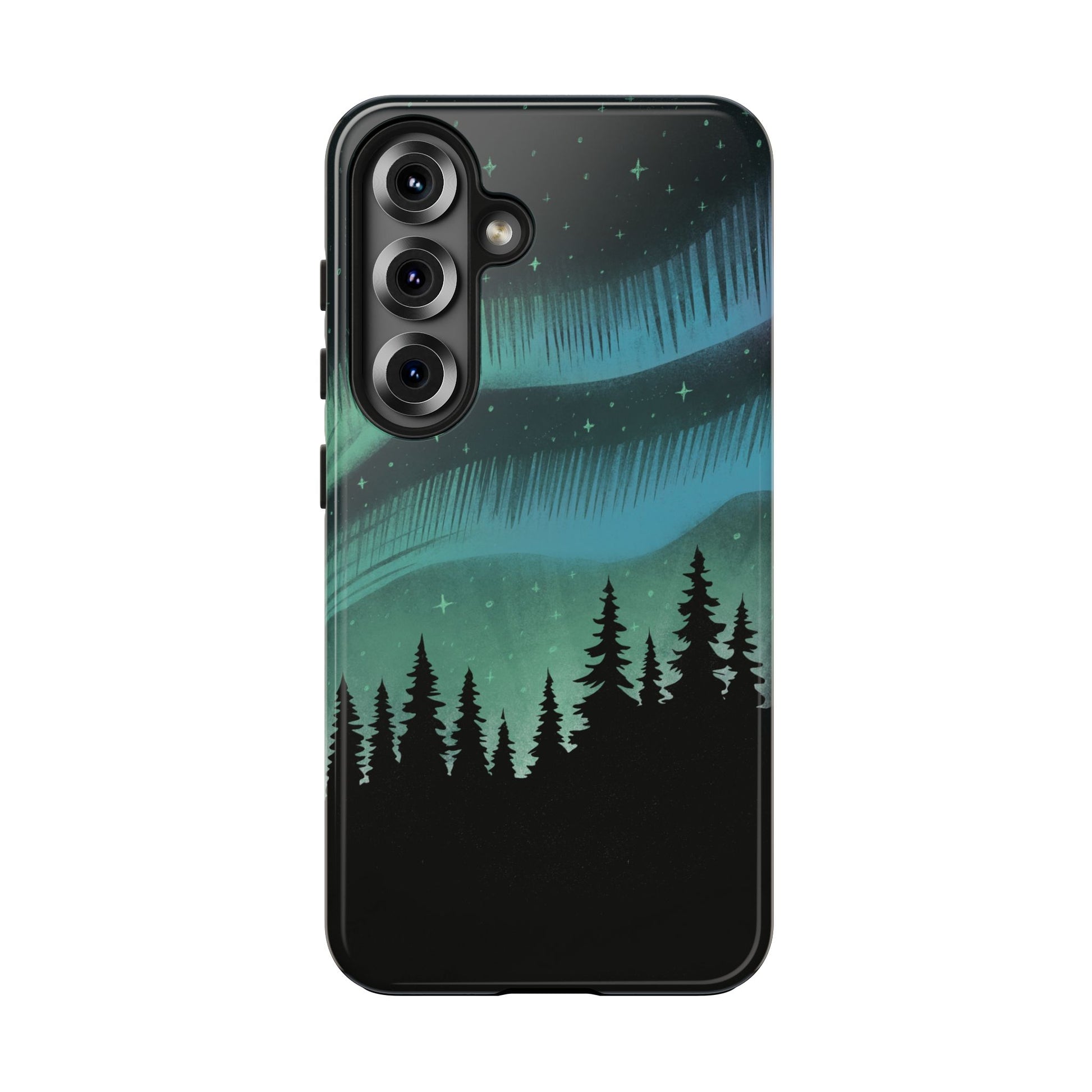 Aurora Borealis phone case with hand-drawn Northern Lights and pine tree illustration by Jordan Kempain for Samsung Galaxy S25.