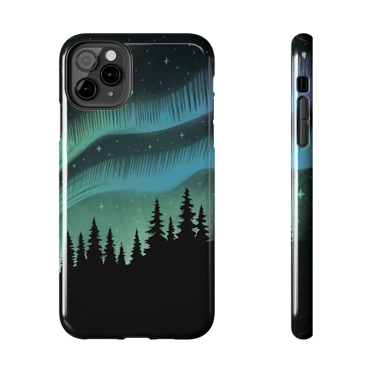 Aurora Borealis phone case with hand-drawn Northern Lights and pine tree illustration by Jordan Kempain for iPhone 11 Pro Max.