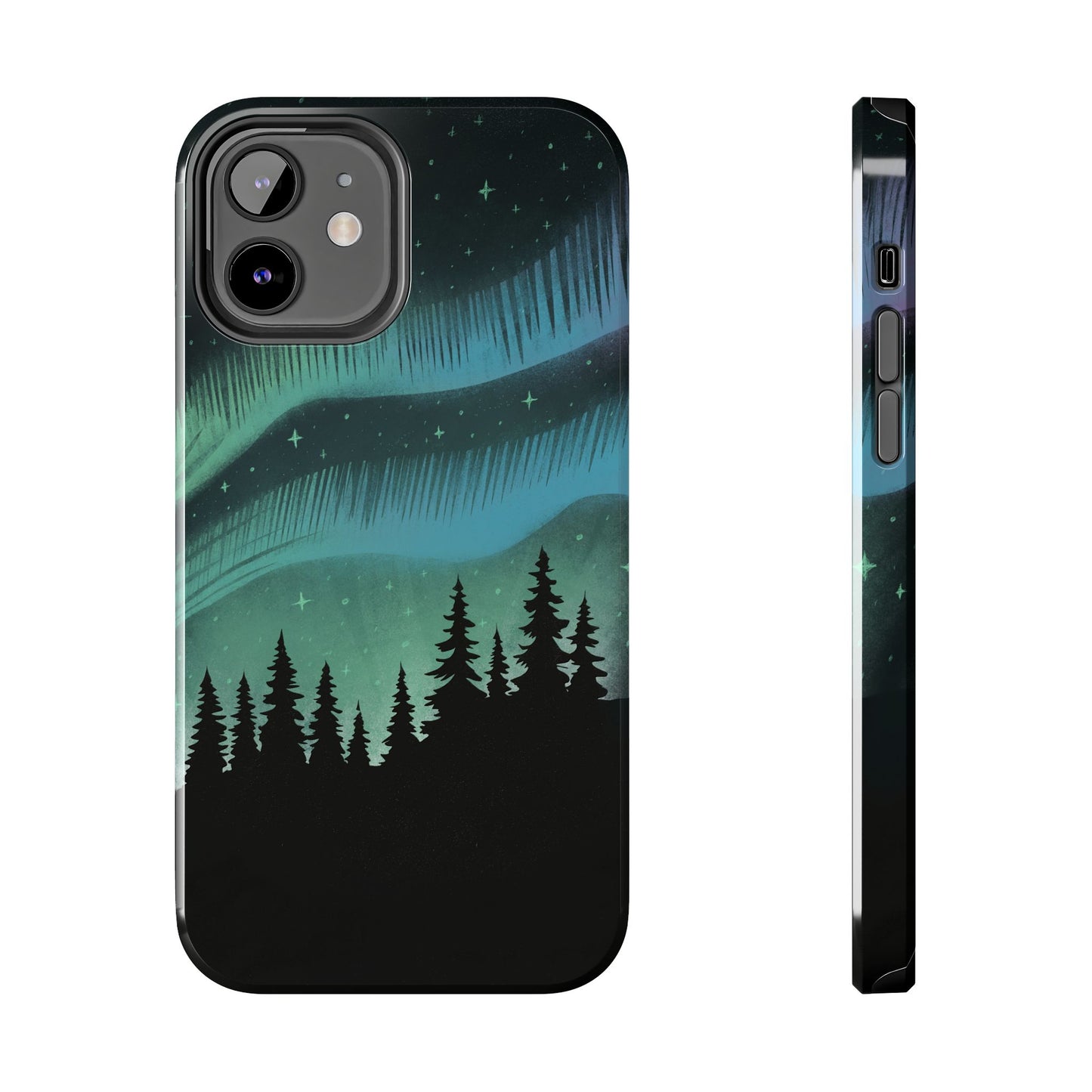 Aurora Borealis phone case with hand-drawn Northern Lights and pine tree illustration by Jordan Kempain for iPhone 12.