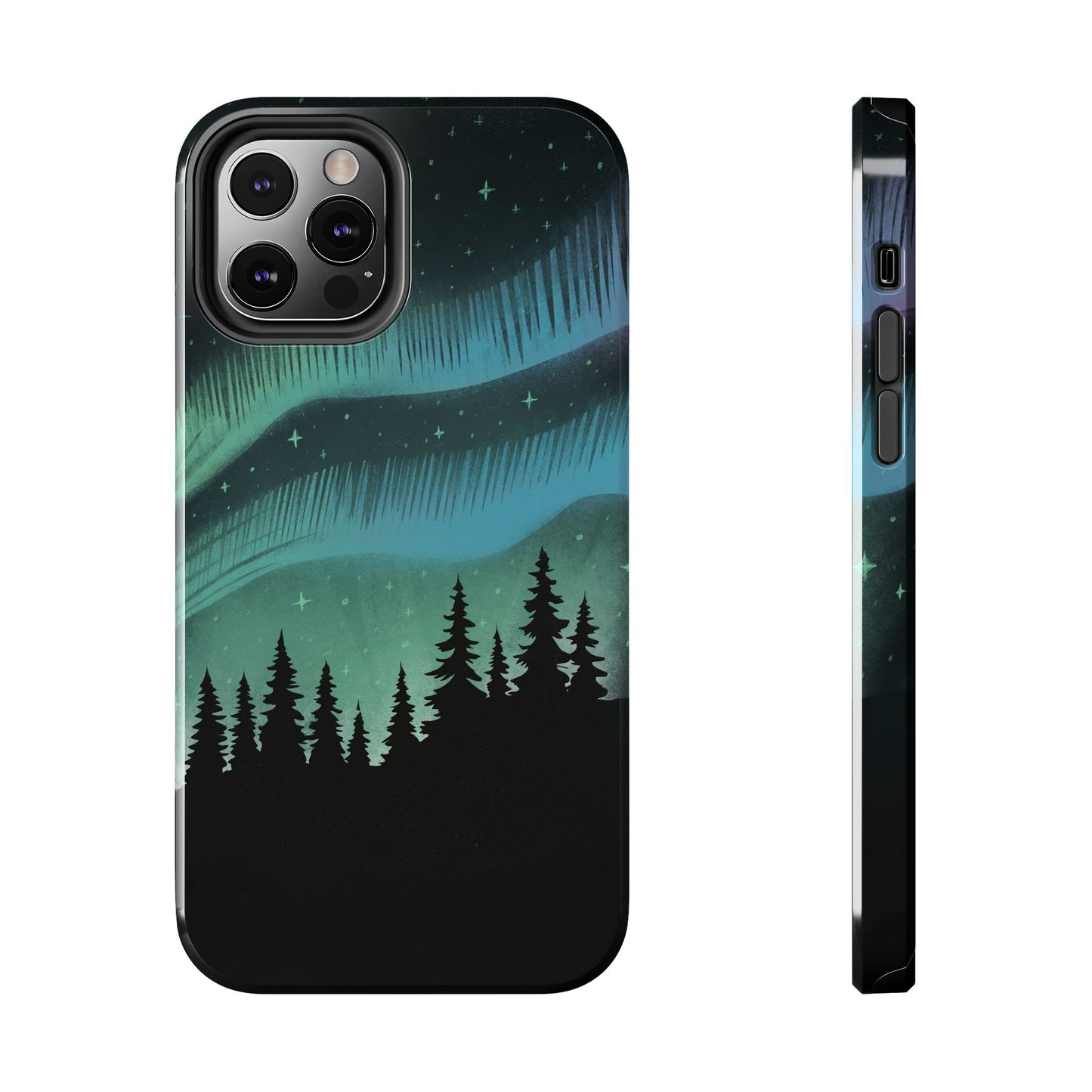Aurora Borealis phone case with hand-drawn Northern Lights and pine tree illustration by Jordan Kempain for iPhone 12 Pro.