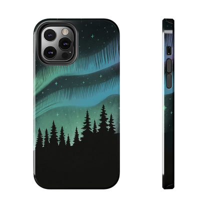 Aurora Borealis phone case with hand-drawn Northern Lights and pine tree illustration by Jordan Kempain for iPhone 12 Pro.