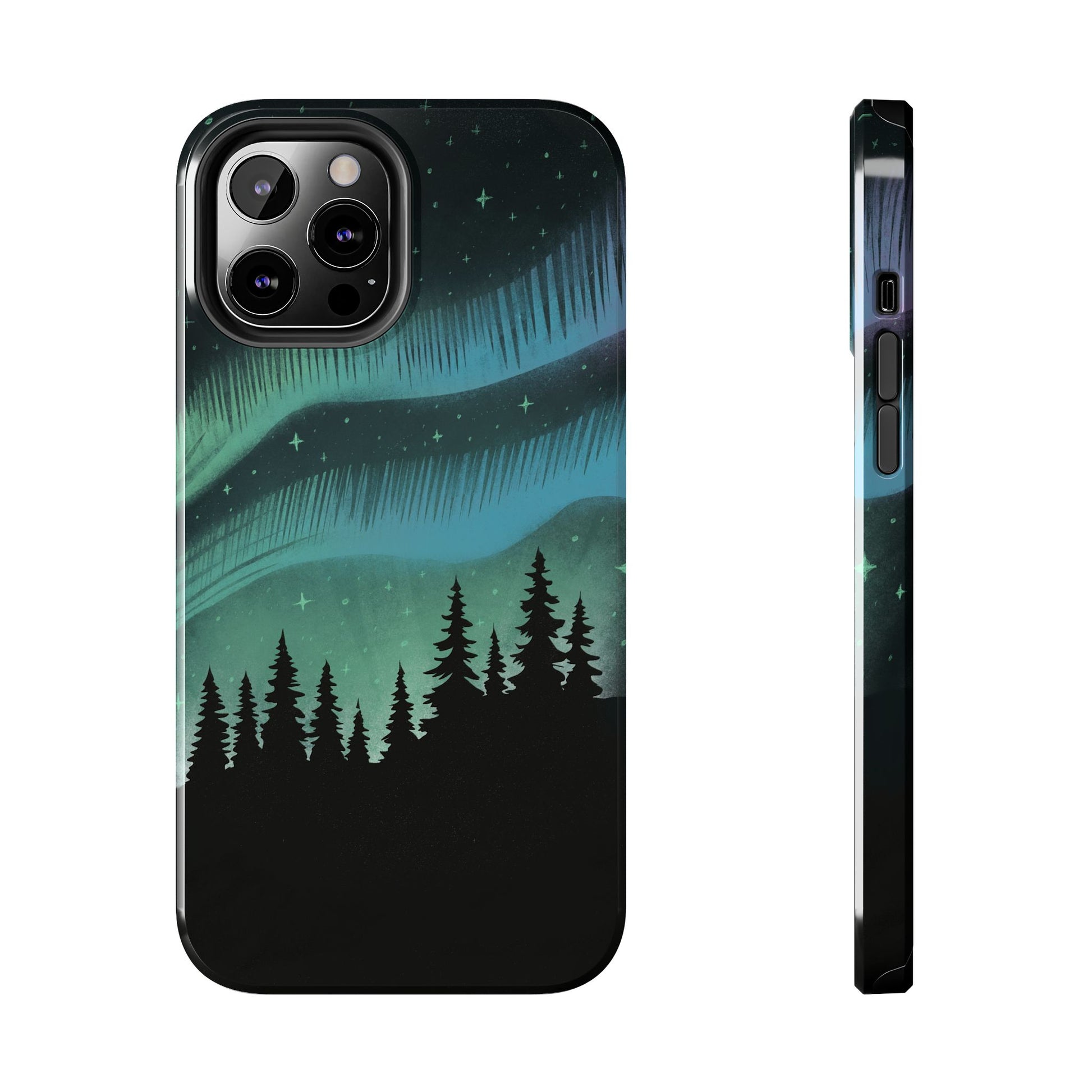 Aurora Borealis phone case with hand-drawn Northern Lights and pine tree illustration by Jordan Kempain for iPhone 12 Pro Max.