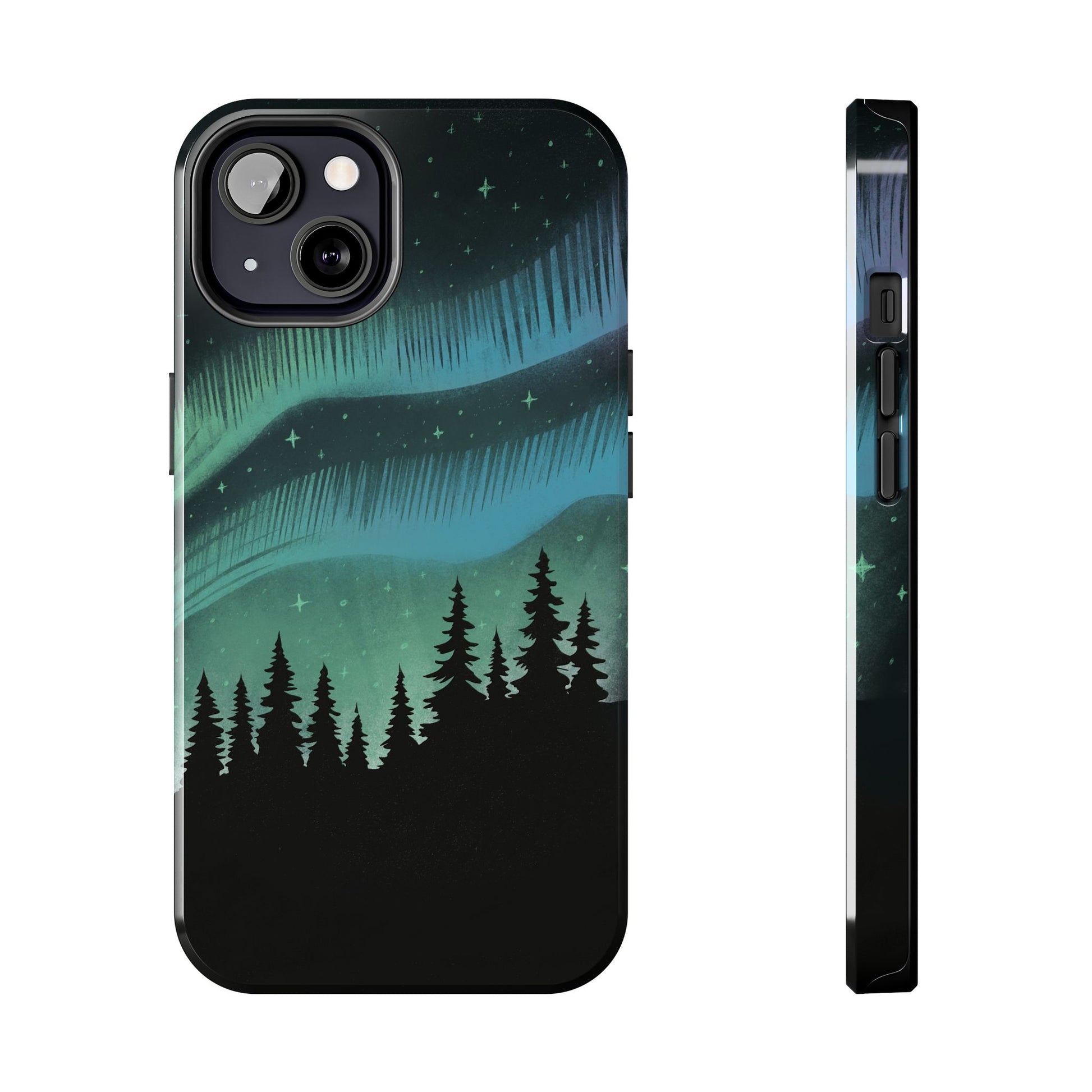 Aurora Borealis phone case with hand-drawn Northern Lights and pine tree illustration by Jordan Kempain for iPhone 13.