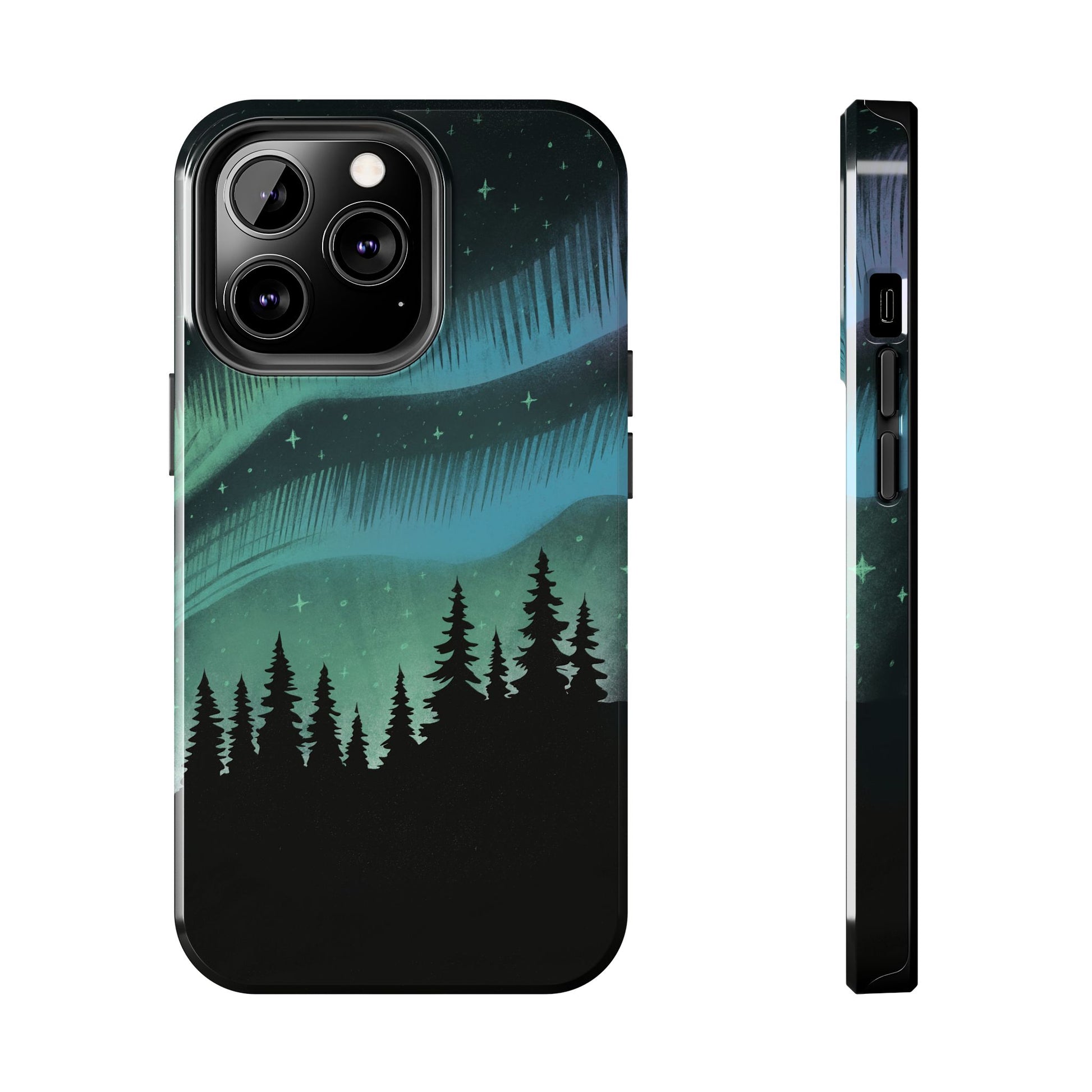Aurora Borealis phone case with hand-drawn Northern Lights and pine tree illustration by Jordan Kempain for iPhone 13 Pro.