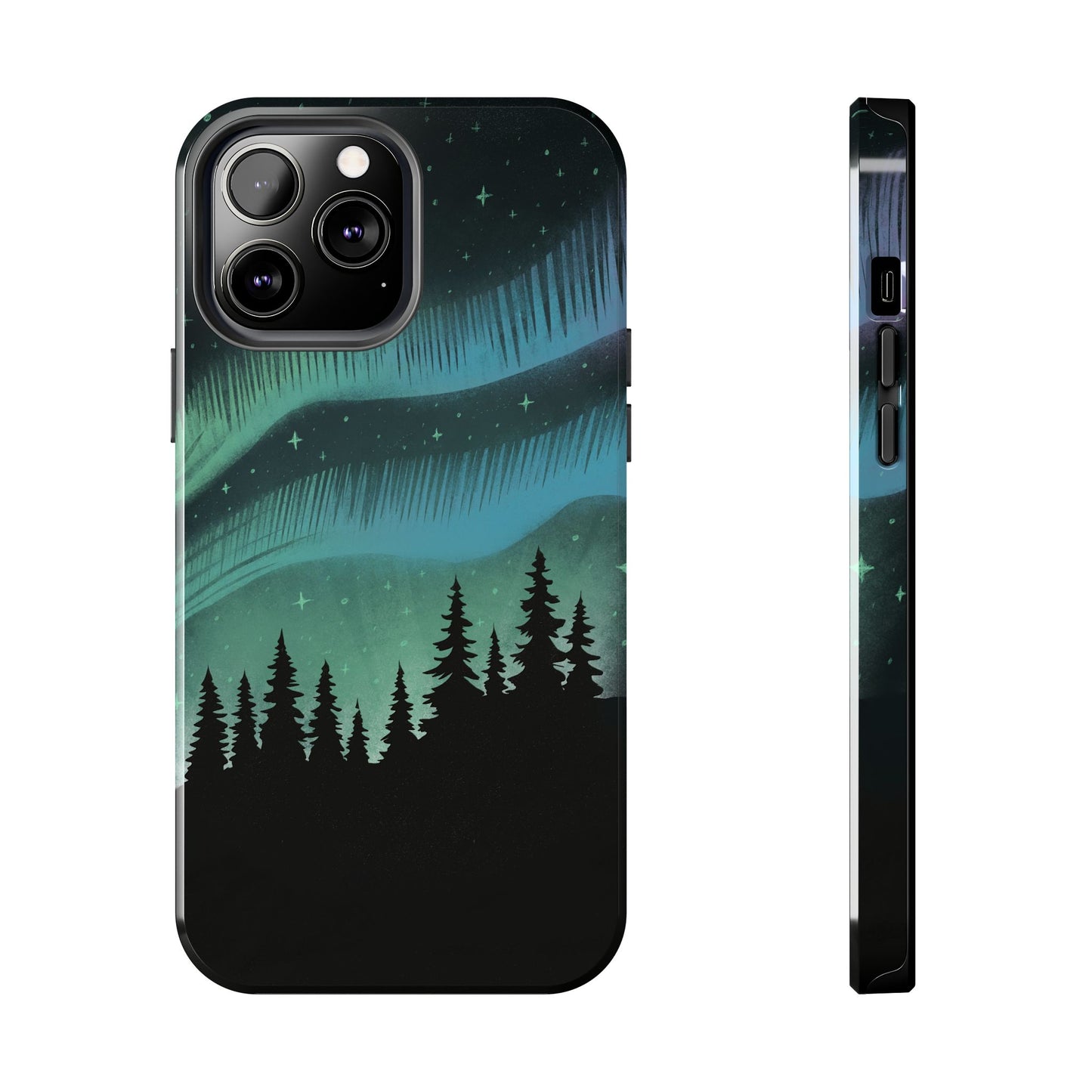Aurora Borealis phone case with hand-drawn Northern Lights and pine tree illustration by Jordan Kempain for iPhone 13 Pro Max.
