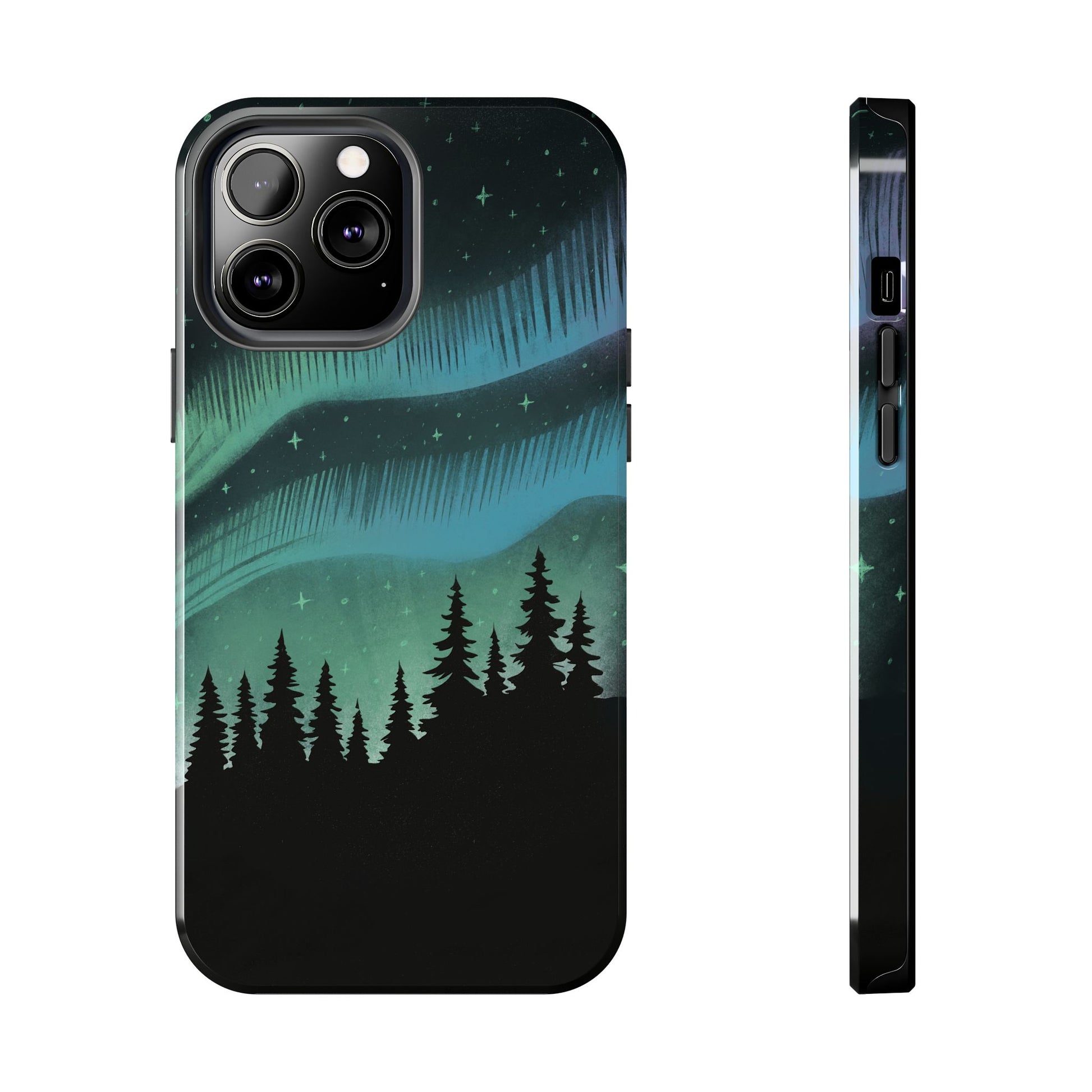 Aurora Borealis phone case with hand-drawn Northern Lights and pine tree illustration by Jordan Kempain for iPhone 13 Pro Max.