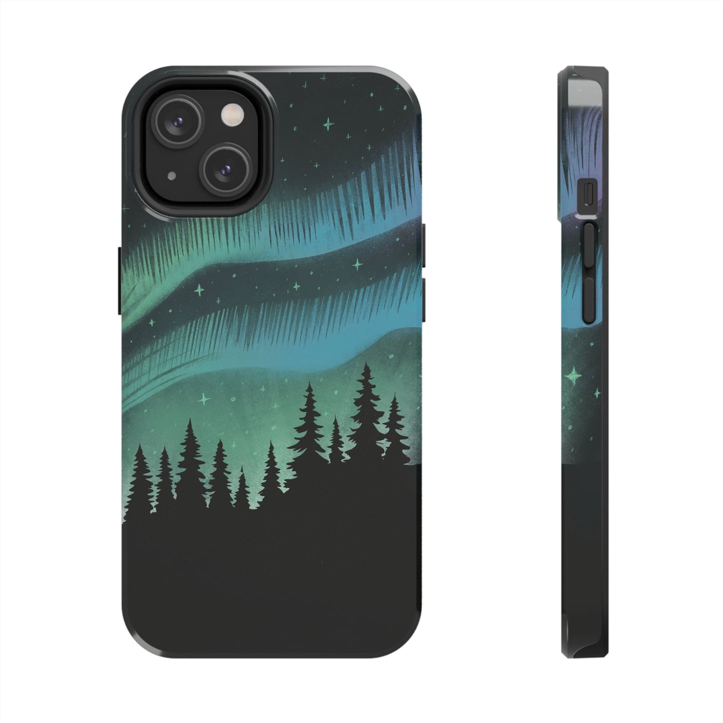 Aurora Borealis phone case with hand-drawn Northern Lights and pine tree illustration by Jordan Kempain for iPhone 14.