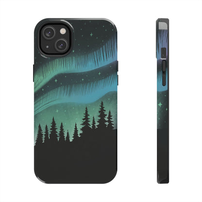 Aurora Borealis phone case with hand-drawn Northern Lights and pine tree illustration by Jordan Kempain for iPhone 14 Plus.