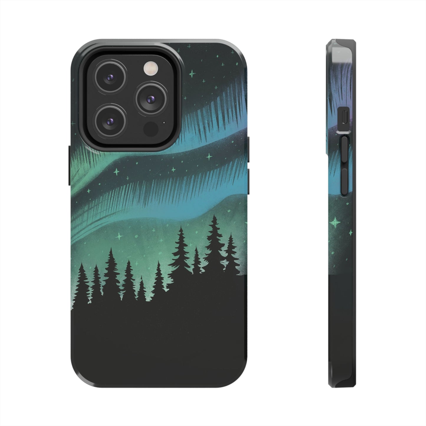 Aurora Borealis phone case with hand-drawn Northern Lights and pine tree illustration by Jordan Kempain for iPhone 14 Pro.